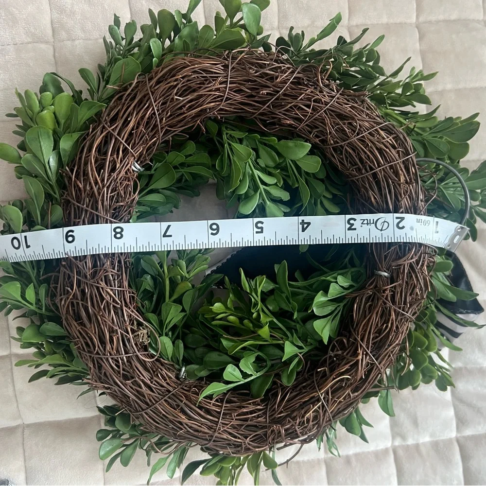 Boxwood-Style Faux Greenery Wreath with Black & White Bow – 11” Round